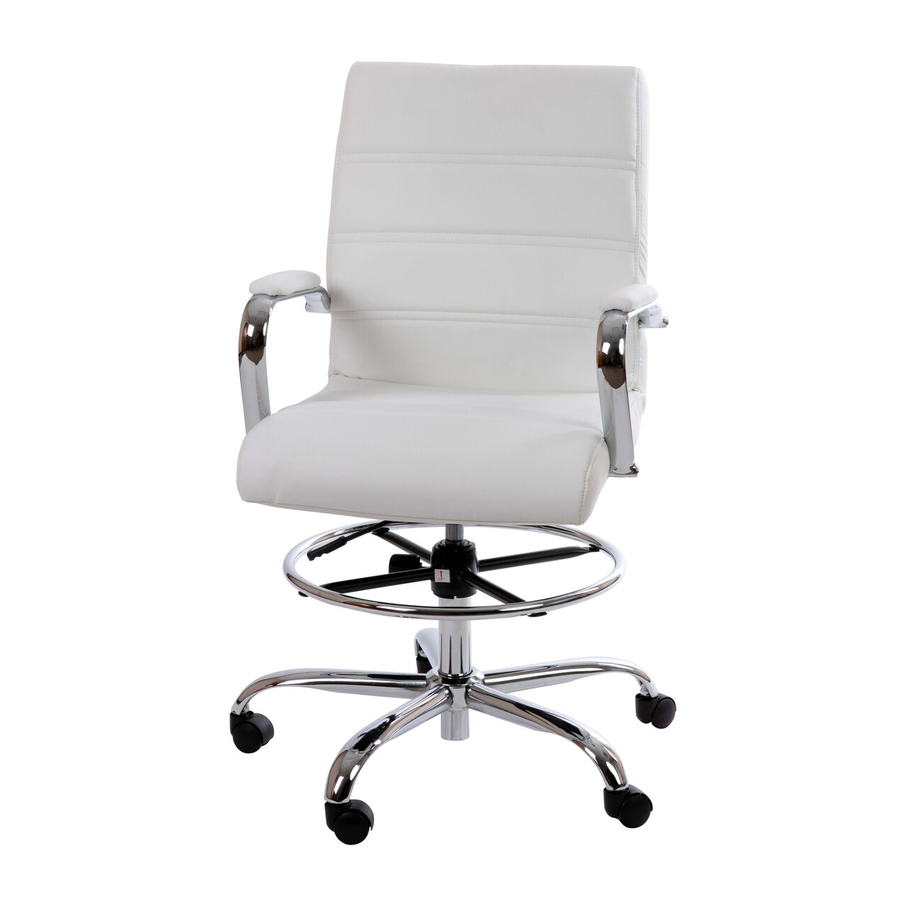 Merrick Lane Tevia Mid-Back Drafting Chair with Adjustable Foot Ring Faux Leather Upholstered Swivel Chair with Chrome Base